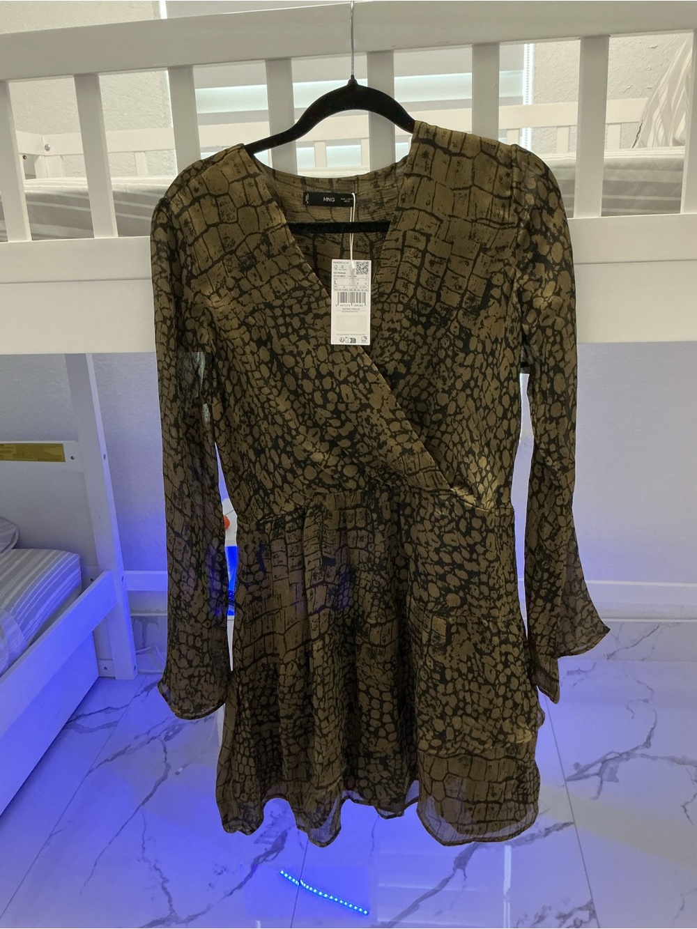 Mango Olive Green Animal-Print Wrap Mini Dress